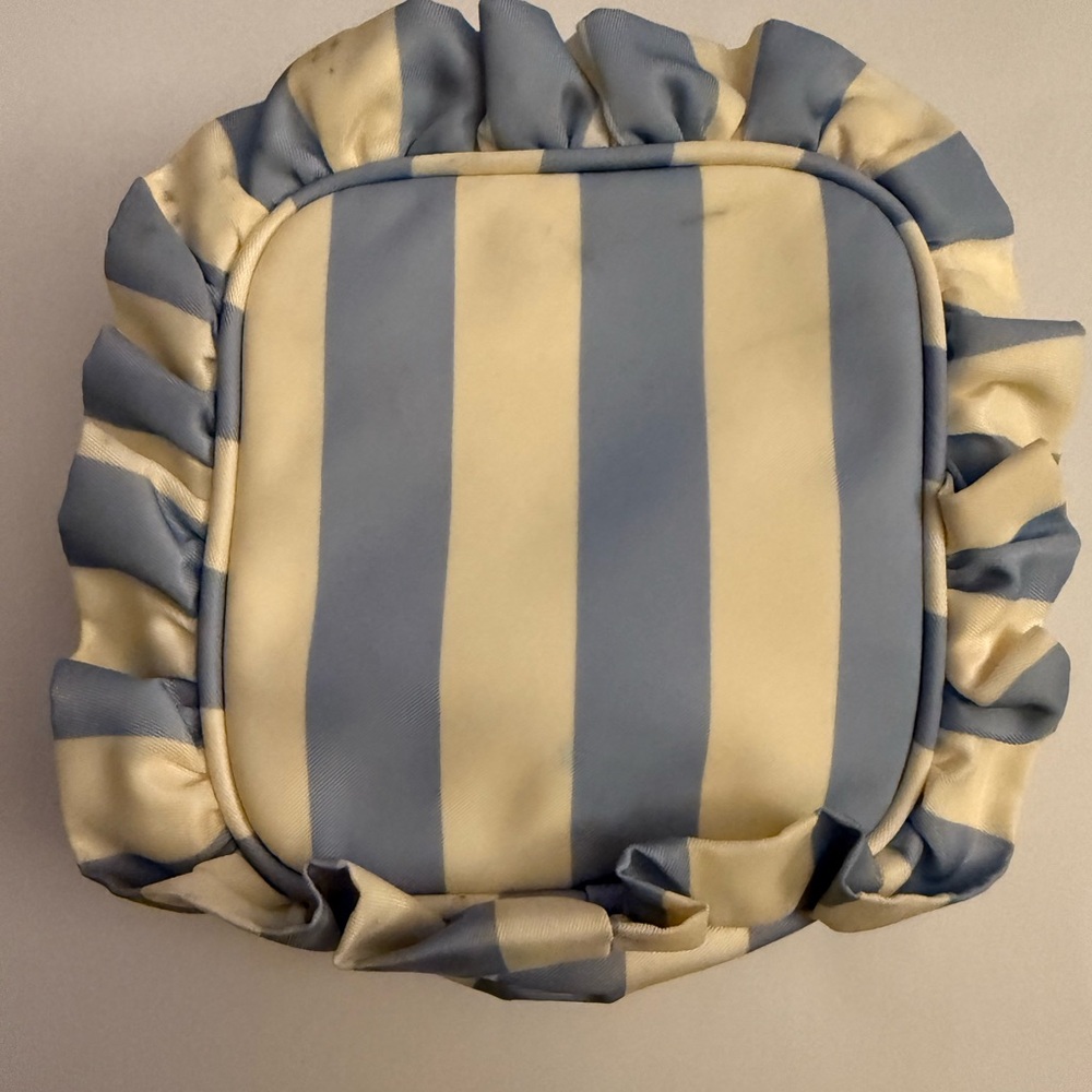 Blue and Cream Stoney Clover Lane Striped Ruffled Mini Pouch
